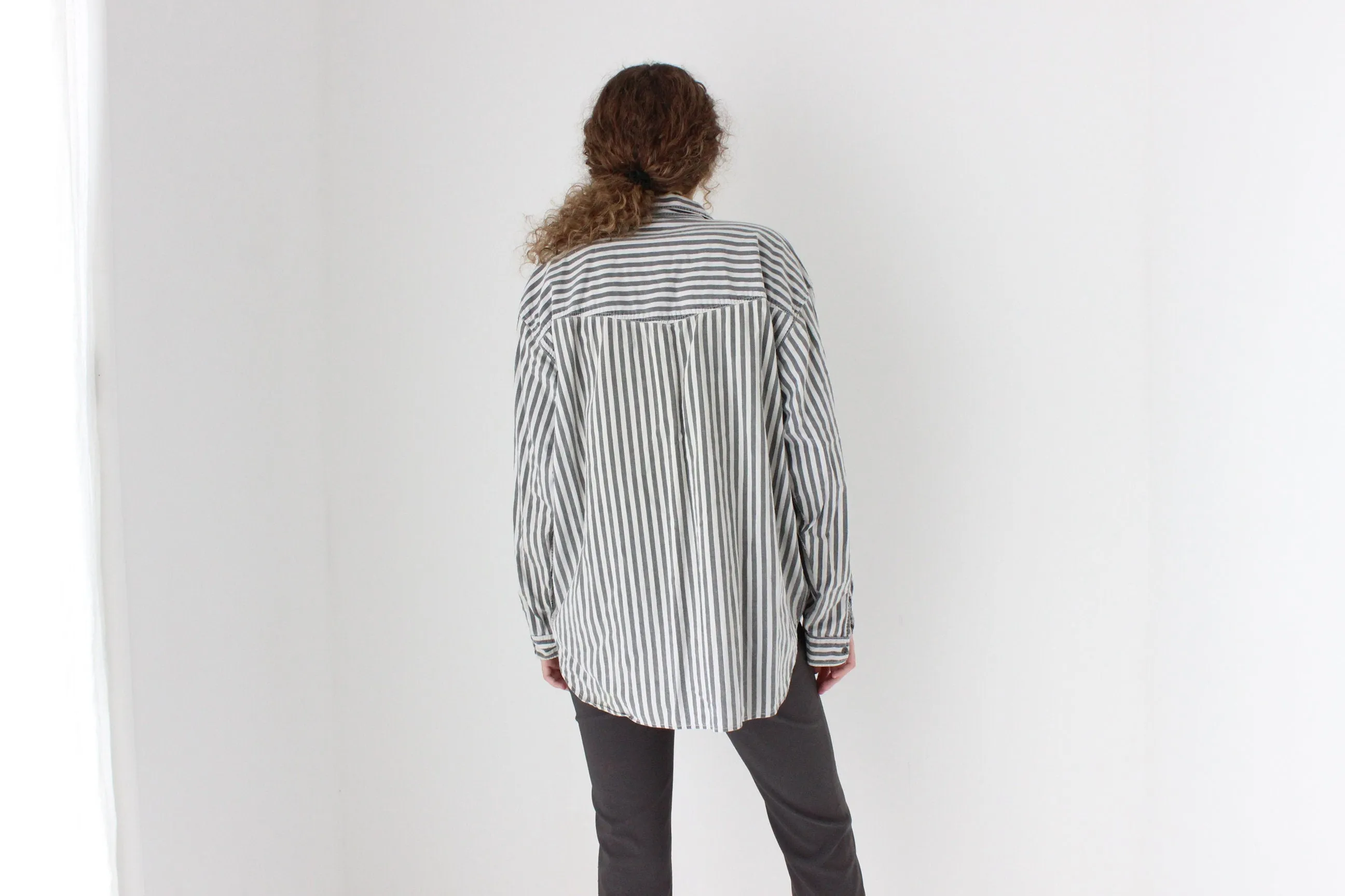 80s Striped Cotton 'Shirts at Work' Relaxed Button Up