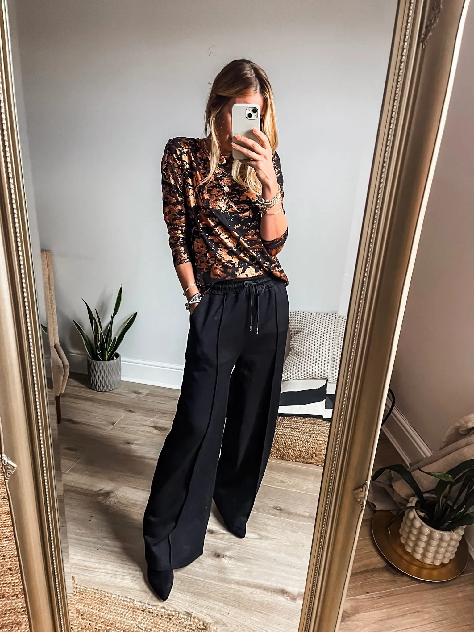 Bronze Printed Shiny Mesh Top