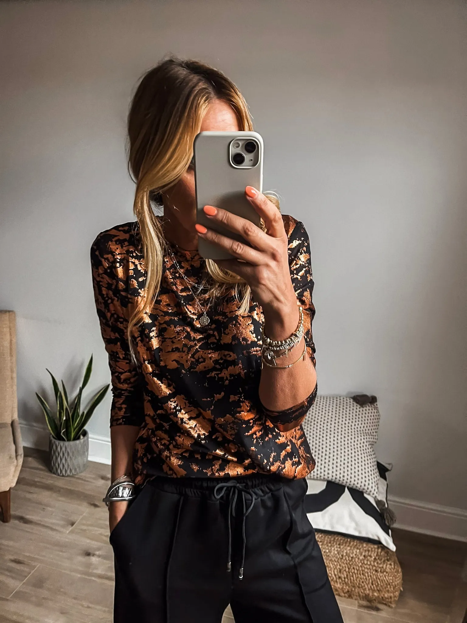 Bronze Printed Shiny Mesh Top