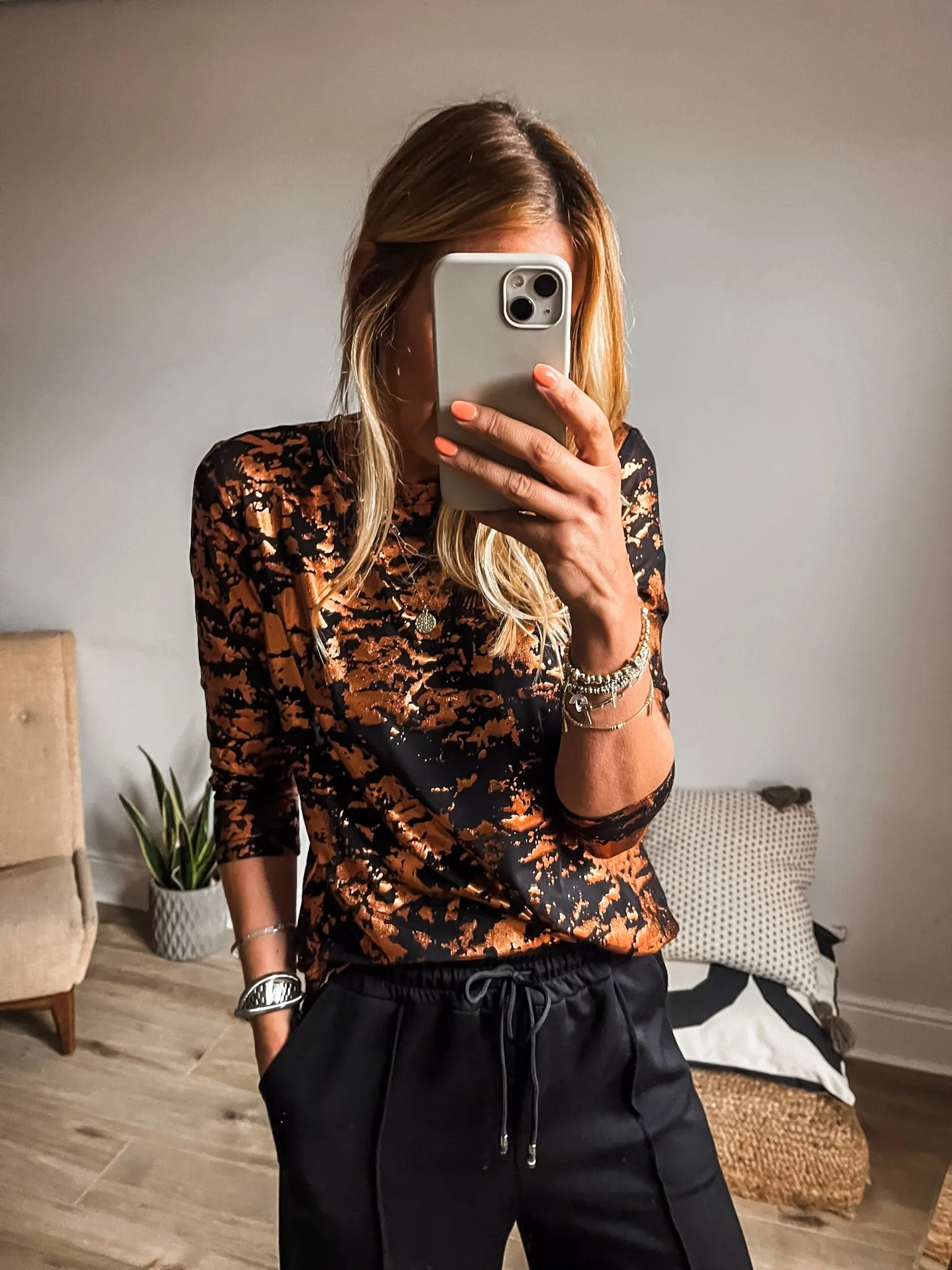 Bronze Printed Shiny Mesh Top
