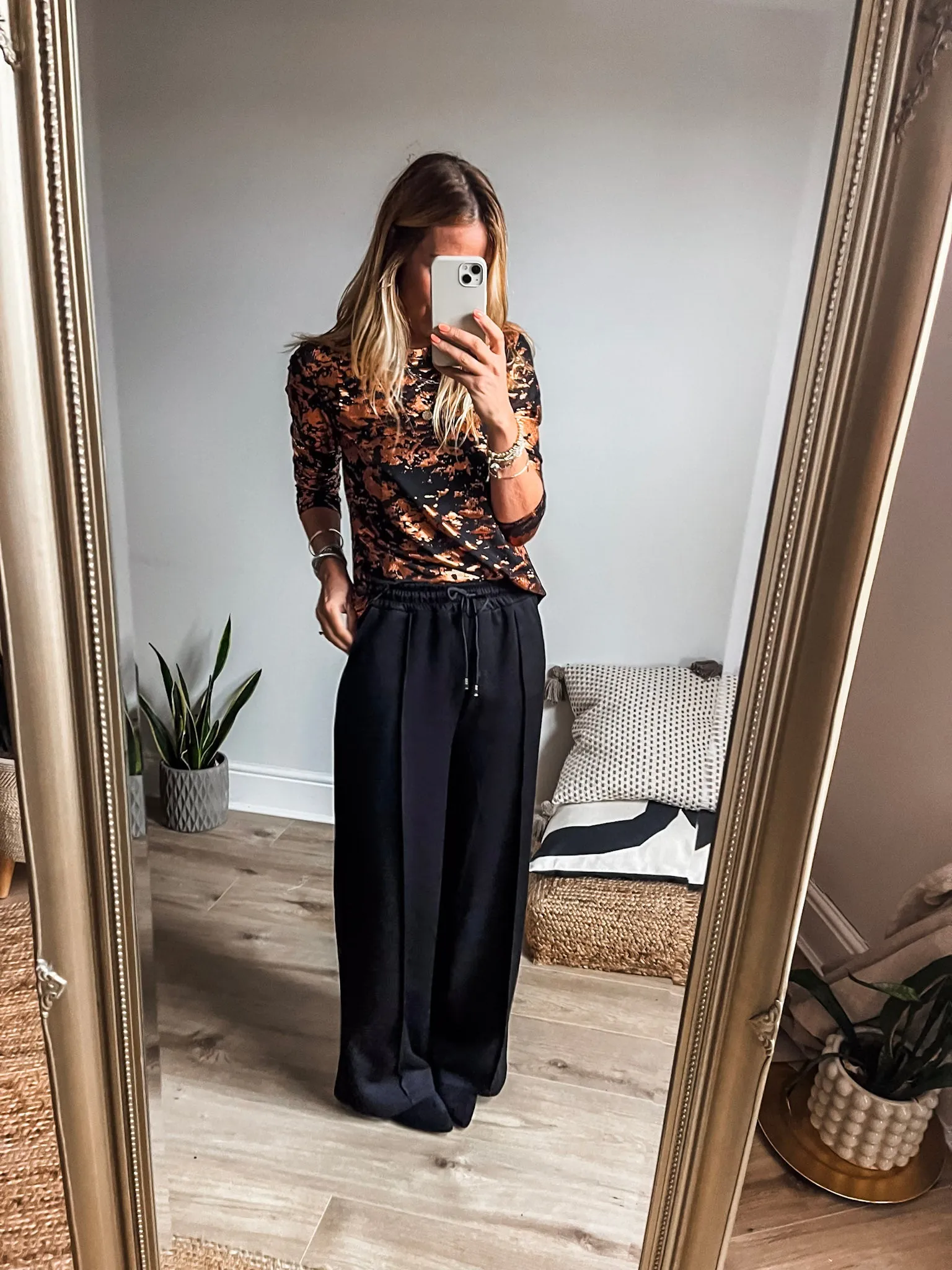 Bronze Printed Shiny Mesh Top