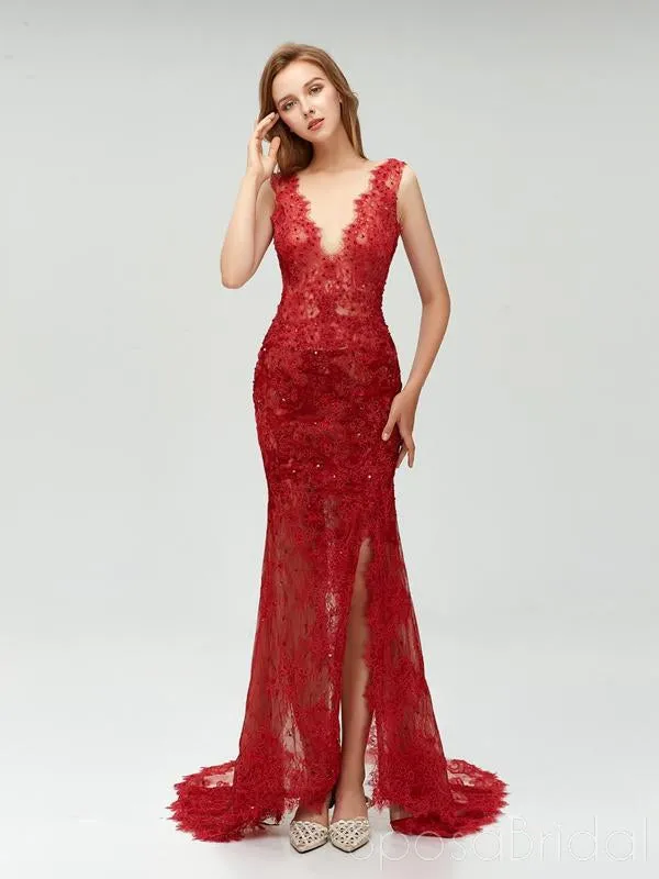Charming Elegant Colorful Full Lace Mermaid  ELegant Side Split Prom Dresses, PD1025
