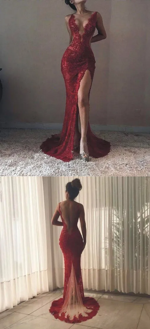 Charming Elegant Colorful Full Lace Mermaid  ELegant Side Split Prom Dresses, PD1025
