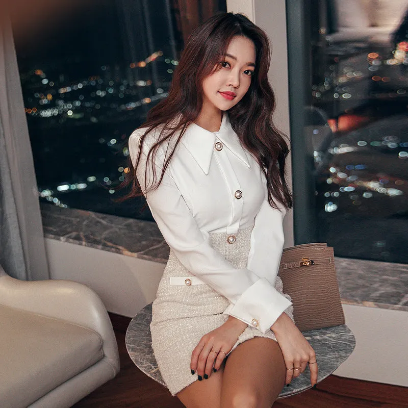 Elegant Long Sleeve Bodycon Patchwork Pocket Shirt Dress