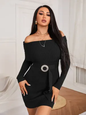 Elegant Plain Rib-Knit Long Sleeve Off The Shoulder Pencil Natural Short Women Sweater Dress