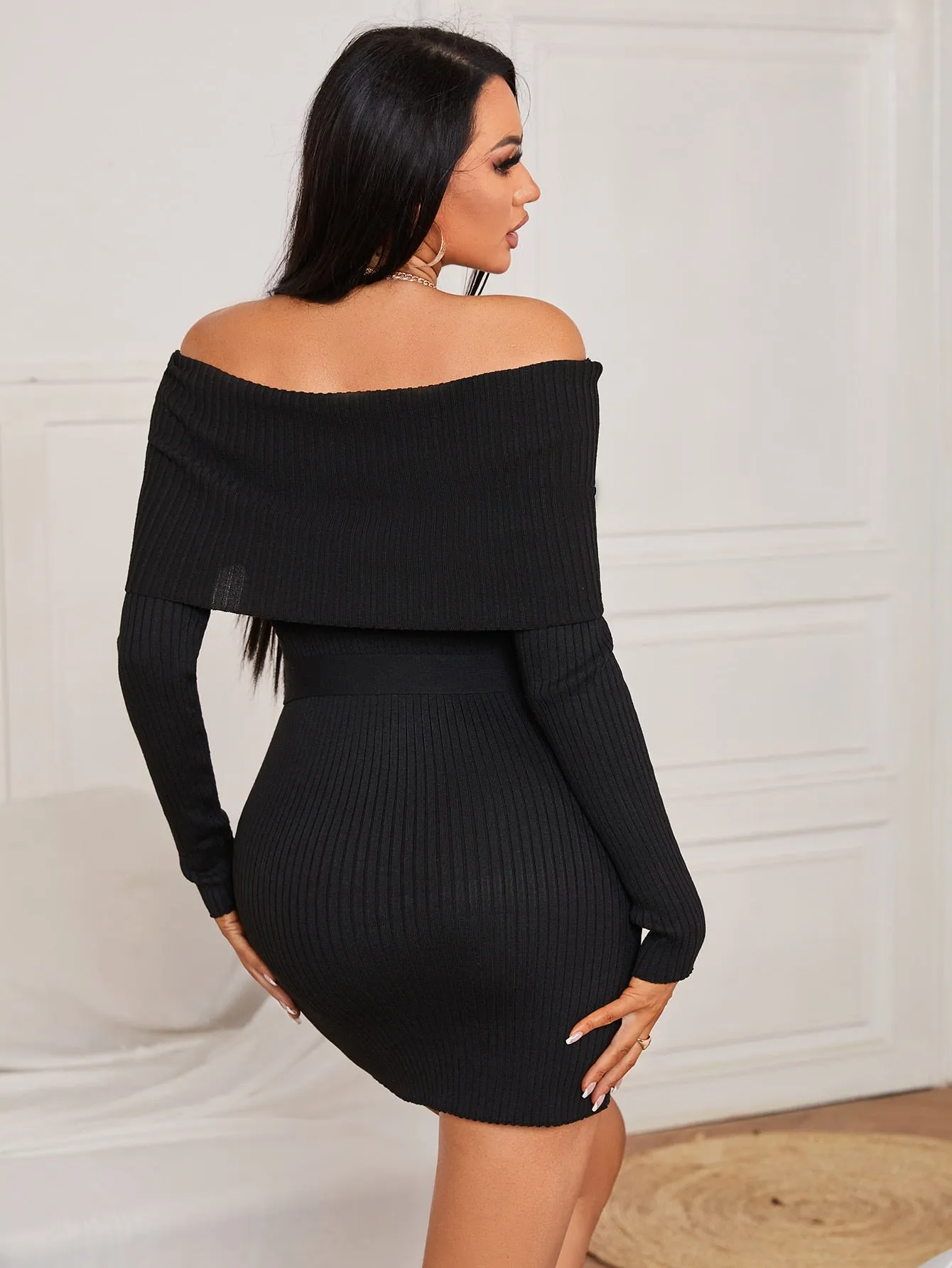Elegant Plain Rib-Knit Long Sleeve Off The Shoulder Pencil Natural Short Women Sweater Dress