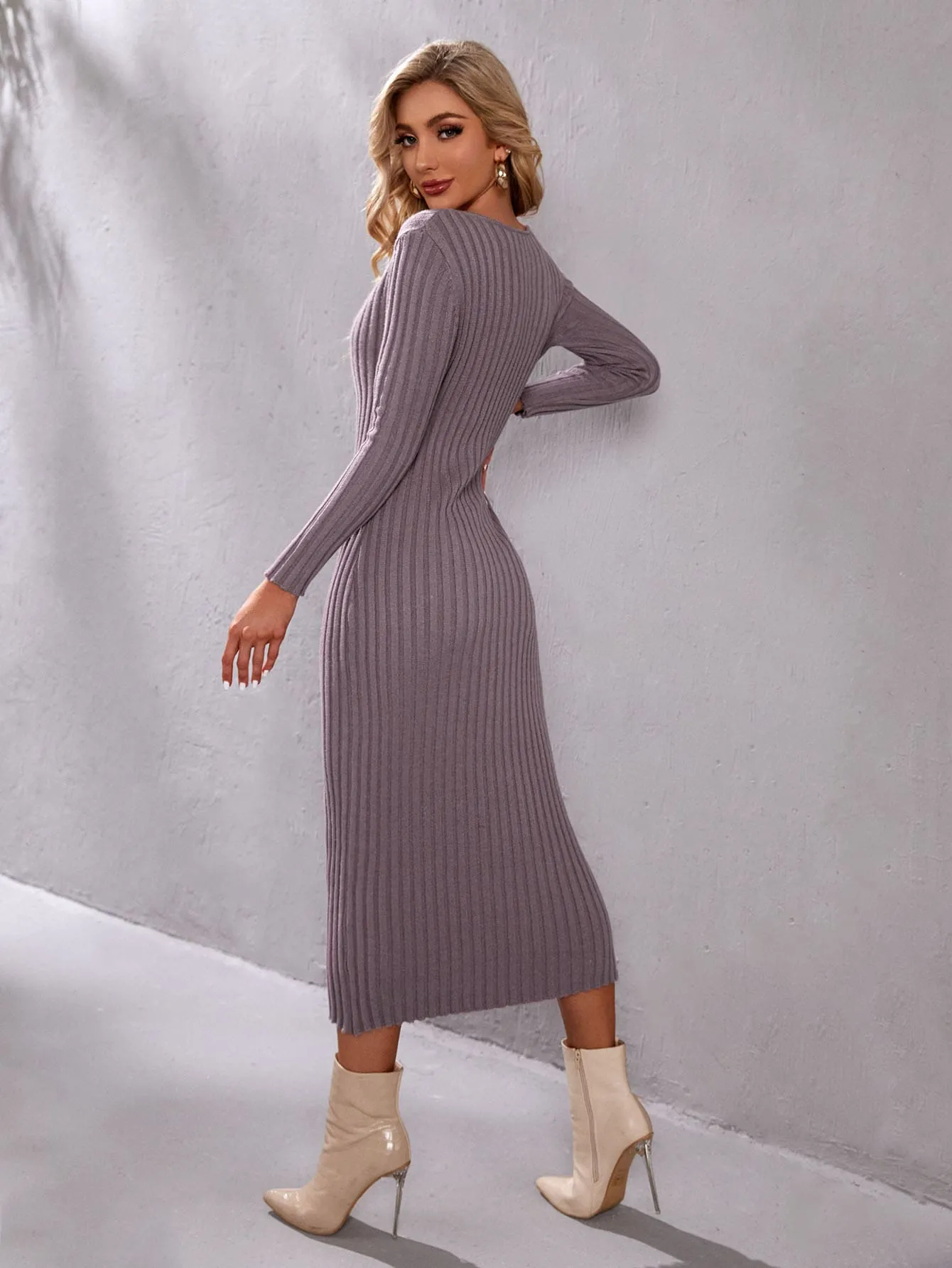 Elegant Plain Rib-Knit Long Sleeve V Neck Pencil Natural Long Women Sweater Dress