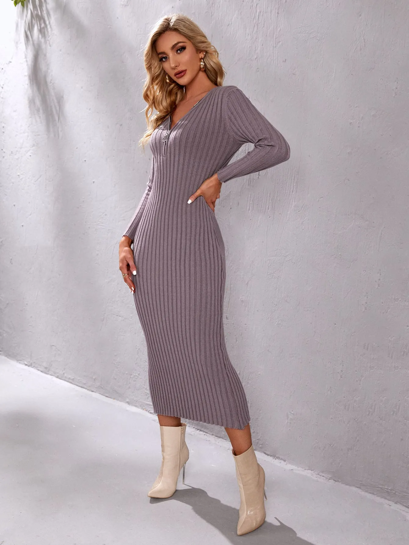 Elegant Plain Rib-Knit Long Sleeve V Neck Pencil Natural Long Women Sweater Dress