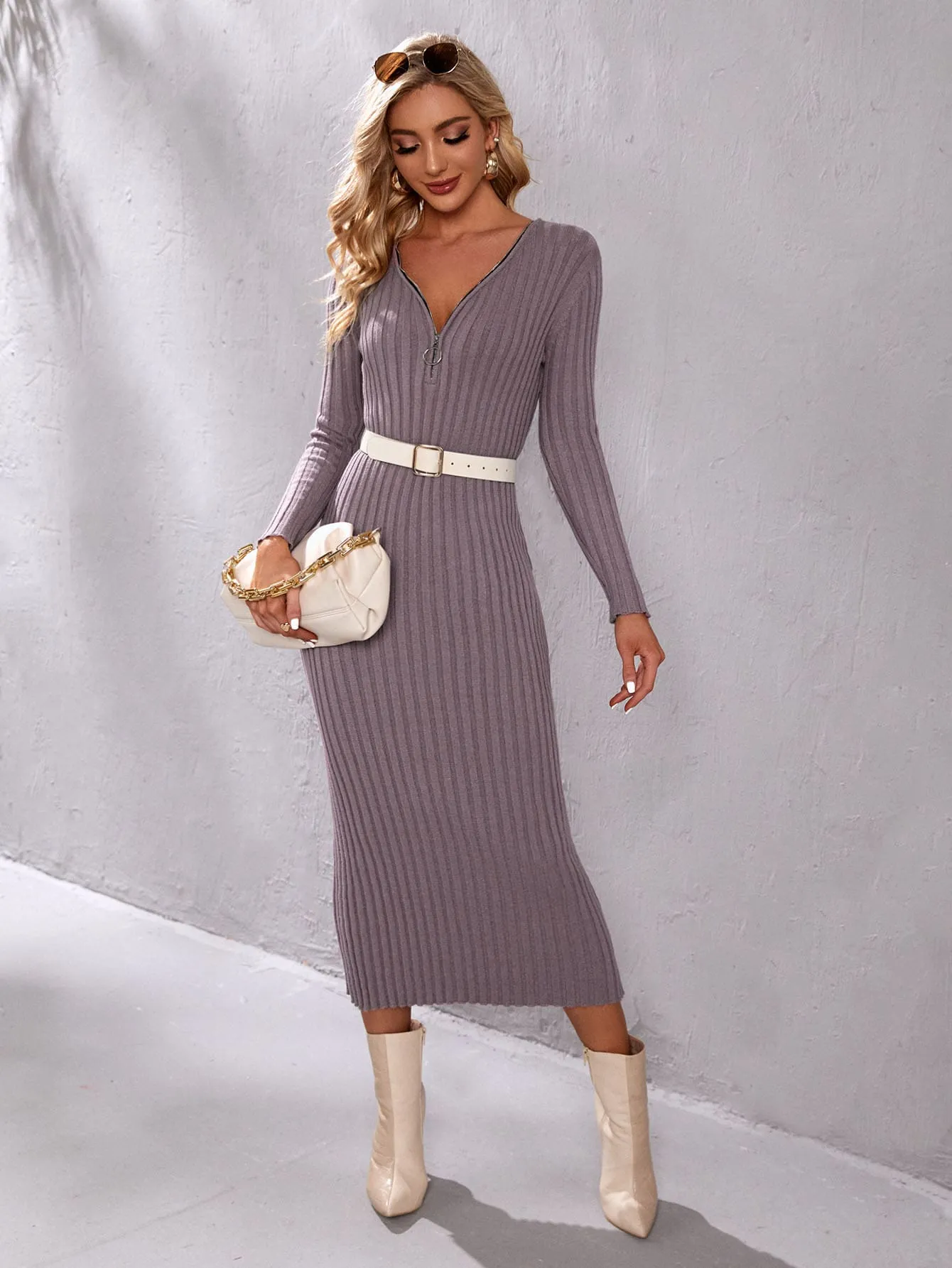 Elegant Plain Rib-Knit Long Sleeve V Neck Pencil Natural Long Women Sweater Dress