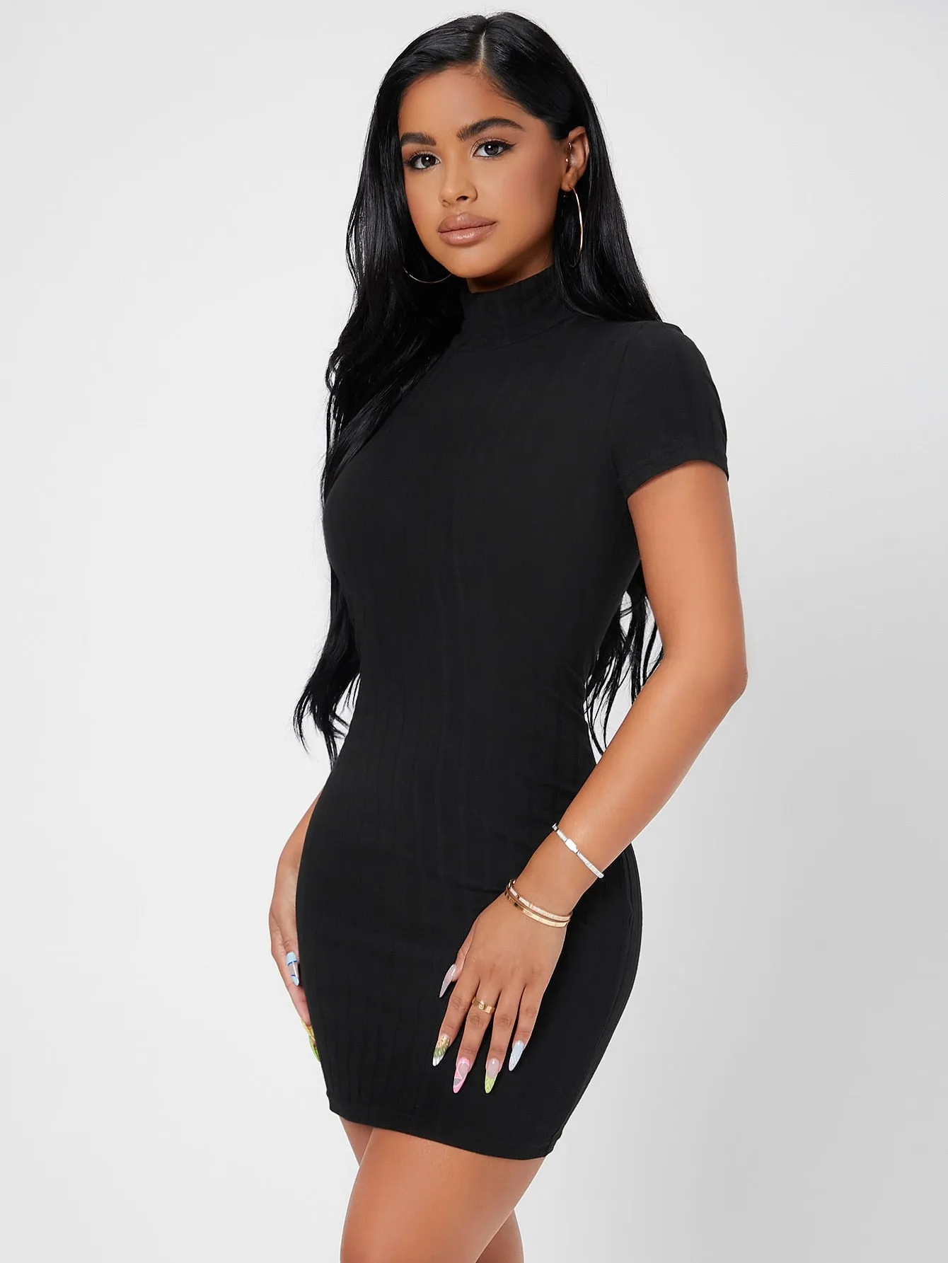 Elegant Plain Short Sleeve Stand Collar Pencil High Waist Short Dress