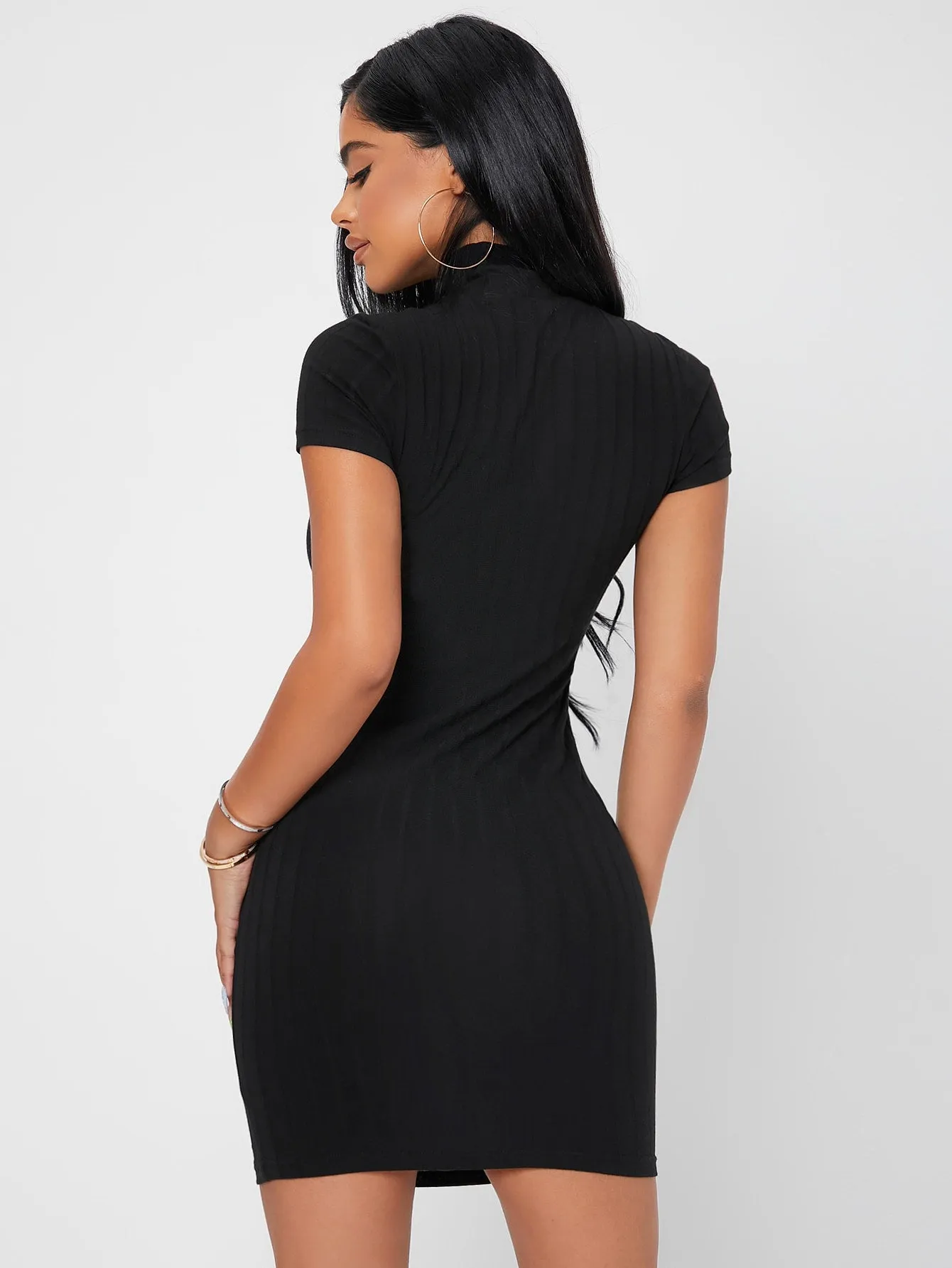 Elegant Plain Short Sleeve Stand Collar Pencil High Waist Short Dress