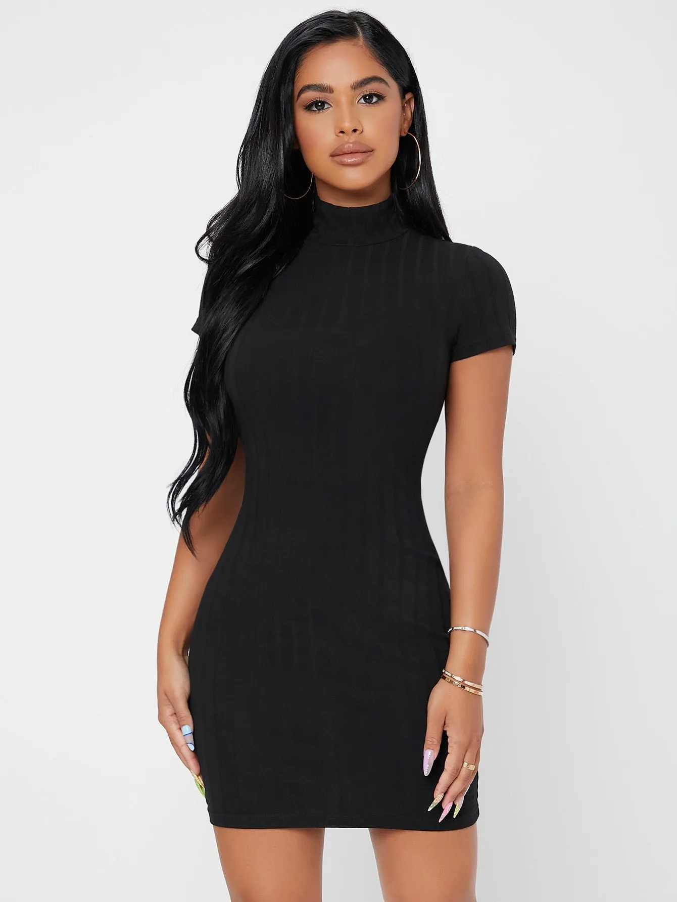 Elegant Plain Short Sleeve Stand Collar Pencil High Waist Short Dress