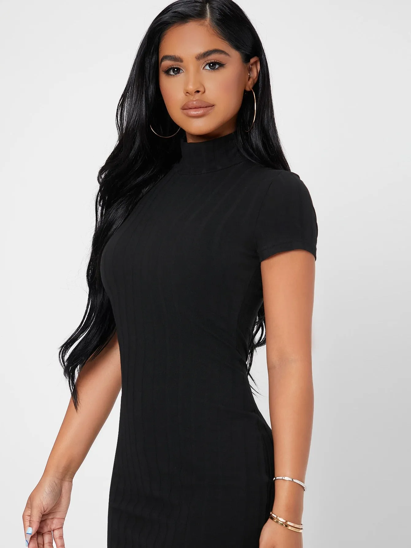 Elegant Plain Short Sleeve Stand Collar Pencil High Waist Short Dress