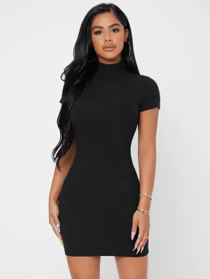 Elegant Plain Short Sleeve Stand Collar Pencil High Waist Short Dress