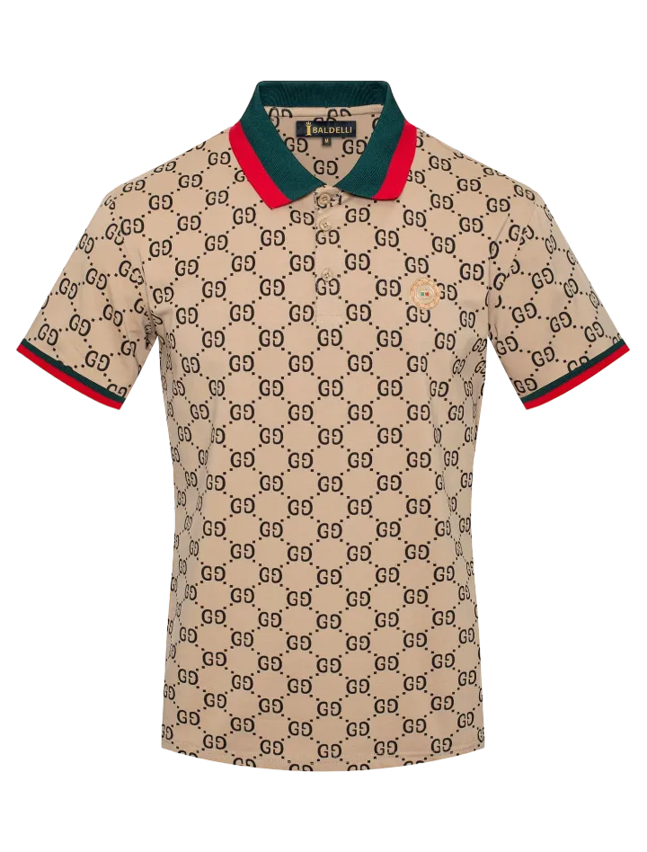 Khaki Men's Luxury Polo Shirt Red and Green Strip T-Shirt Regular-Fit Style
