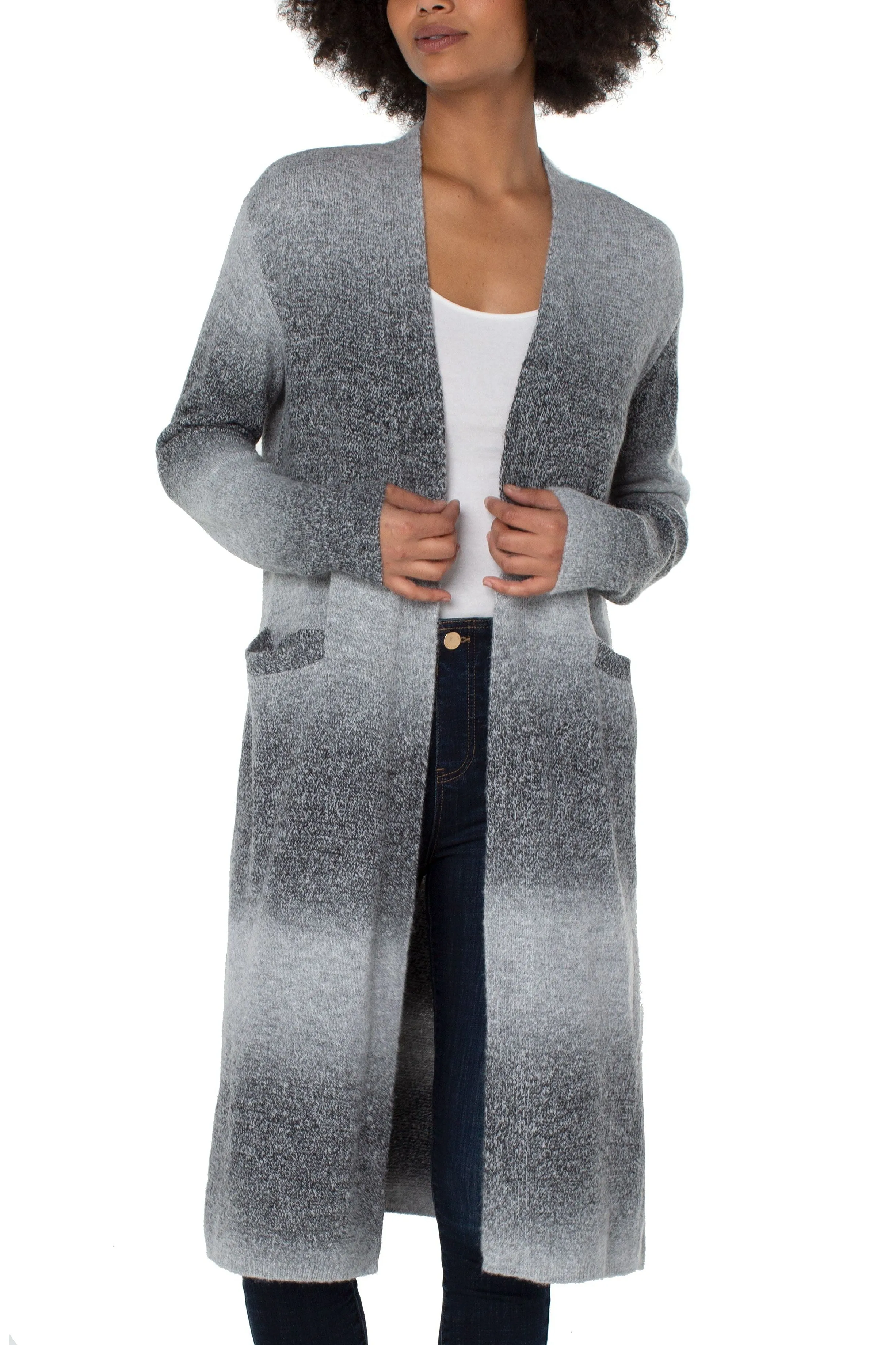 Liverpool Long Sleeve Open Front Long Line Cardigan Sweater In Silverlake Ombre
