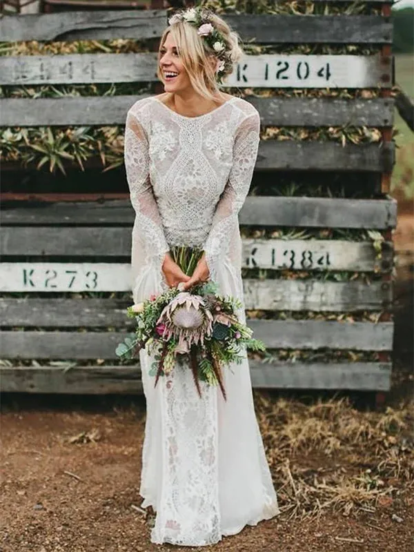 Luolandi Alluring Lace Bateau Long Sleeves Chapel Train Sheath Wedding Dresses Elegant