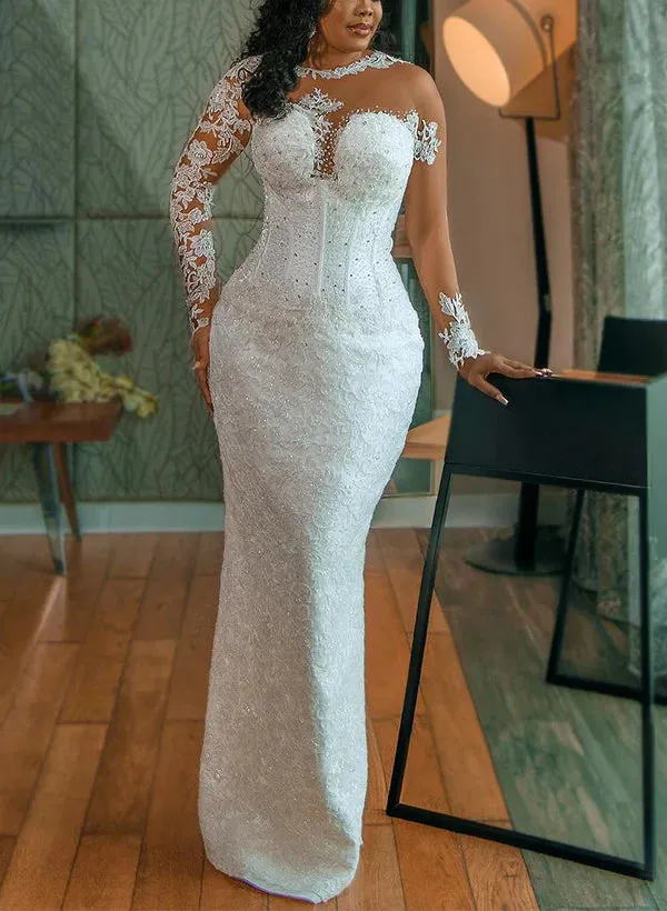 Luolandi Illusion Neck Long Sleeves Lace/Satin Sheath/Column Wedding Dresses Floor Length Elegant