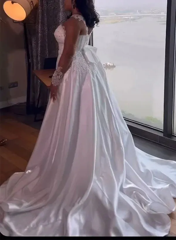 Luolandi Illusion Neck Long Sleeves Lace/Satin Sheath/Column Wedding Dresses Floor Length Elegant