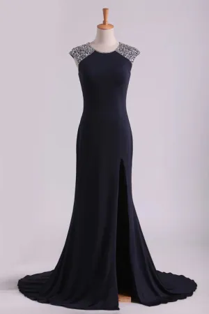 Luolandi Scoop Sheath Spandex With Beading & Slit Sweep Train Party Dresses Evening Dress