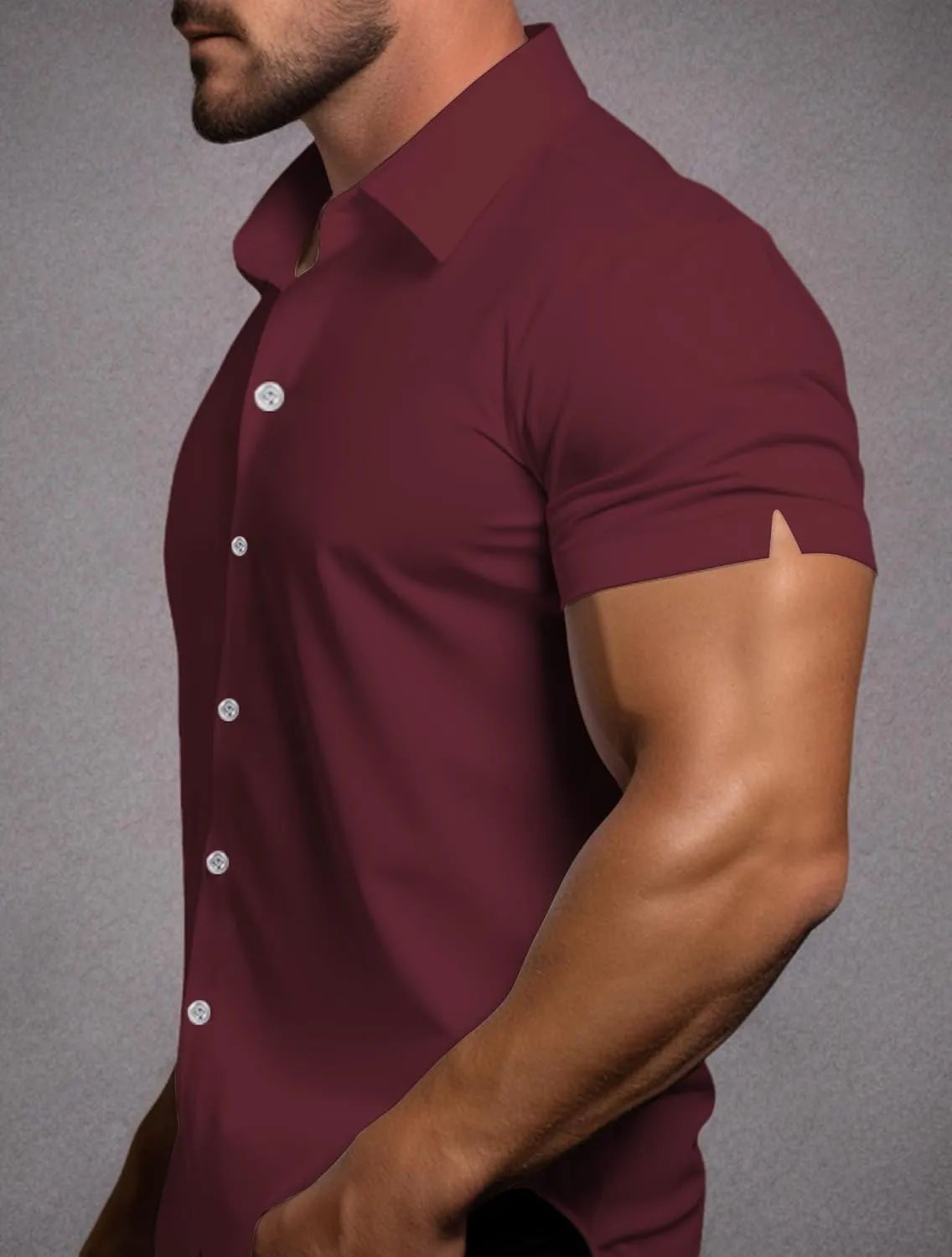 Men's Muscle Dress Shirts Solid Short Sleeve Dress Shirts Athletic Slim Fit Stretch Business Casual Button Down Shirt