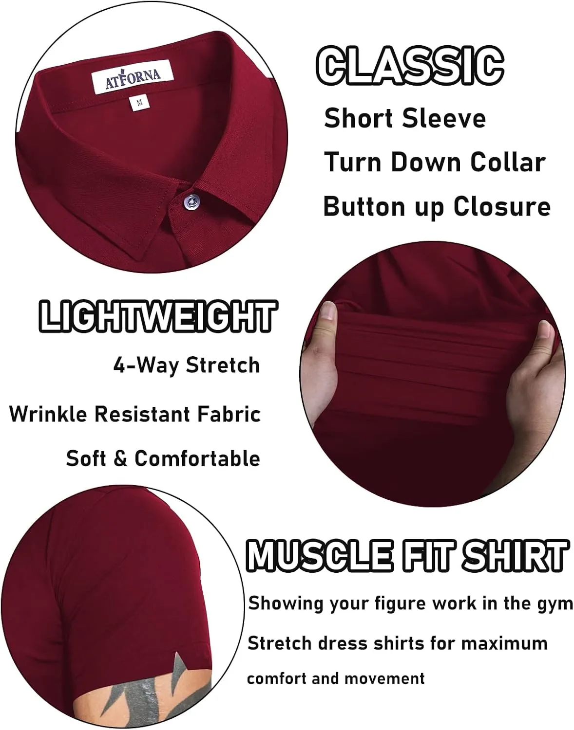 Men's Muscle Dress Shirts Solid Short Sleeve Dress Shirts Athletic Slim Fit Stretch Business Casual Button Down Shirt