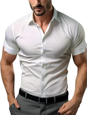 Men's Muscle Dress Shirts Solid Short Sleeve Dress Shirts Athletic Slim Fit Stretch Business Casual Button Down Shirt