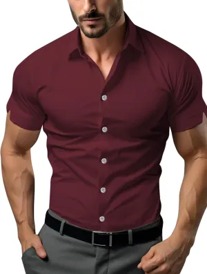 Men's Muscle Dress Shirts Solid Short Sleeve Dress Shirts Athletic Slim Fit Stretch Business Casual Button Down Shirt
