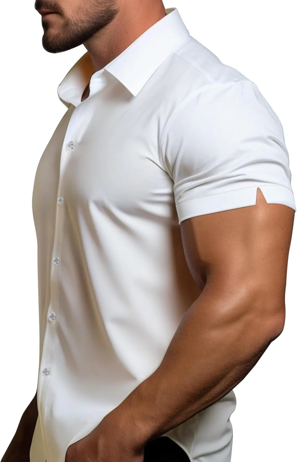 Men's Muscle Dress Shirts Solid Short Sleeve Dress Shirts Athletic Slim Fit Stretch Business Casual Button Down Shirt