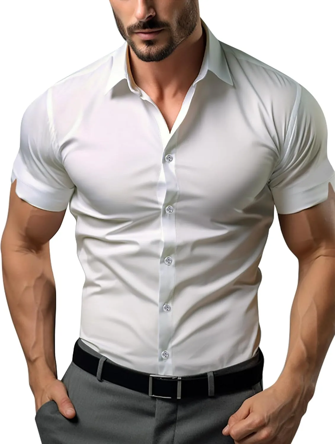 Men's Muscle Dress Shirts Solid Short Sleeve Dress Shirts Athletic Slim Fit Stretch Business Casual Button Down Shirt