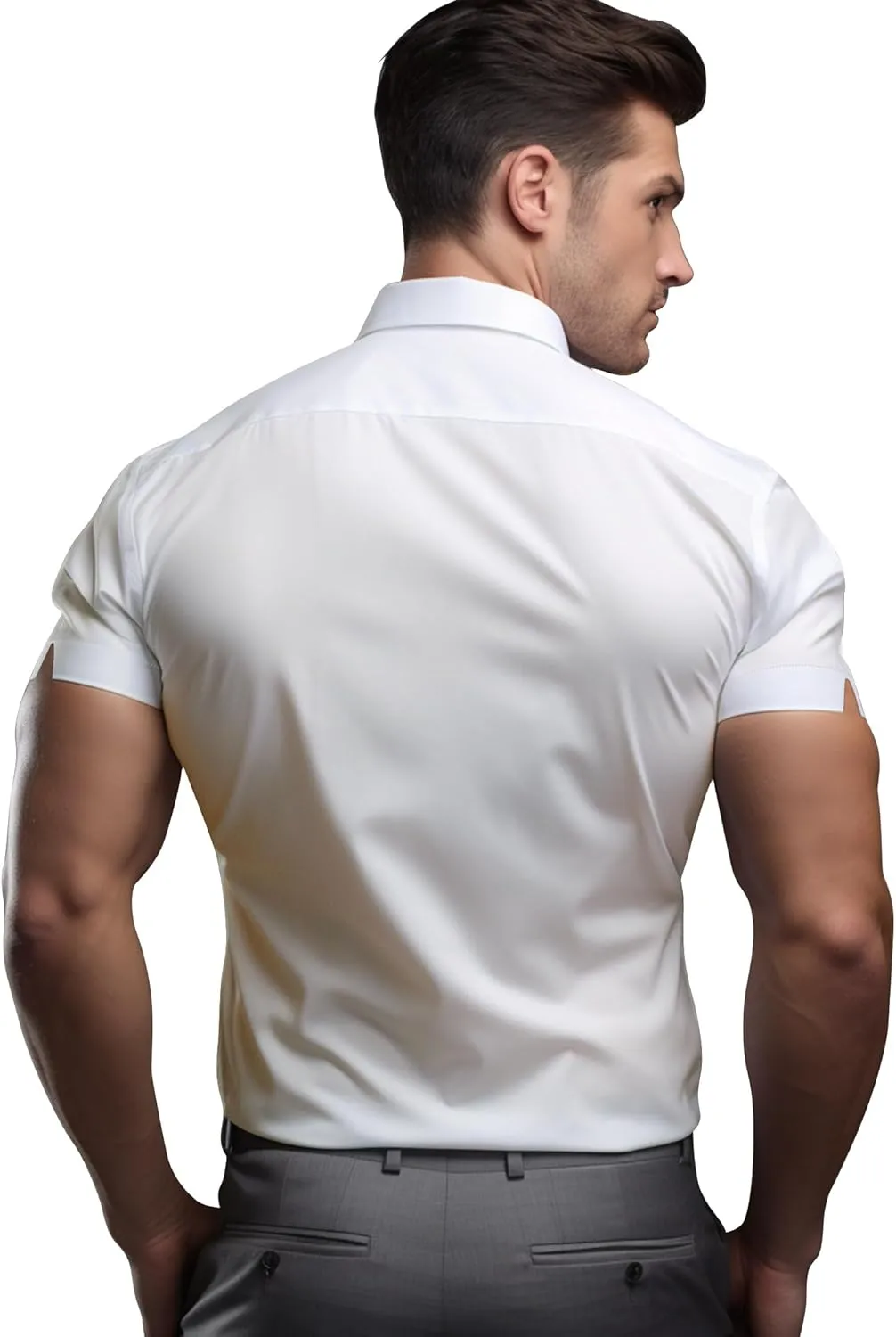 Men's Muscle Dress Shirts Solid Short Sleeve Dress Shirts Athletic Slim Fit Stretch Business Casual Button Down Shirt
