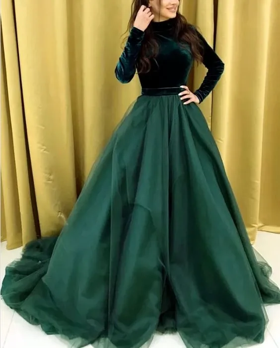 Promfast Dark Green A Line Satin Long Sleeves Prom Dresses Evening Dress PFP1875
