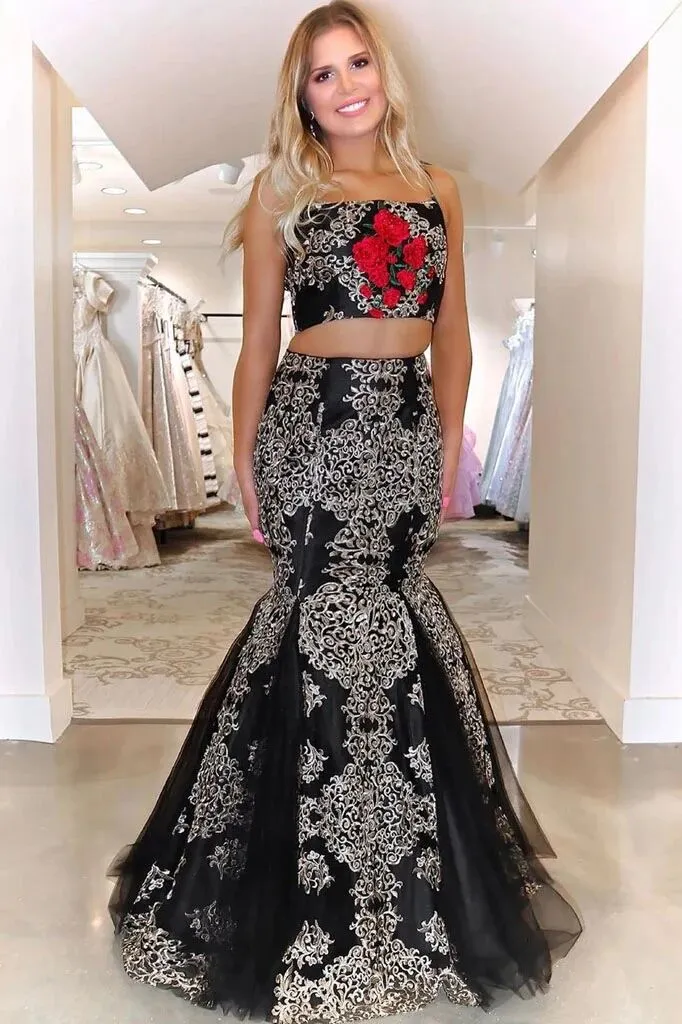 Promfast Two Pieces Trumpet/Mermaid Spaghetti Straps Black Lace Appliques Long Prom Dresses PFP1783