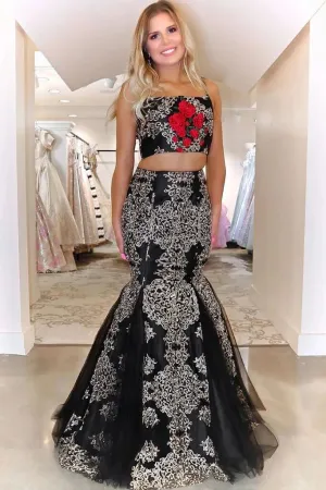 Promfast Two Pieces Trumpet/Mermaid Spaghetti Straps Black Lace Appliques Long Prom Dresses PFP1783