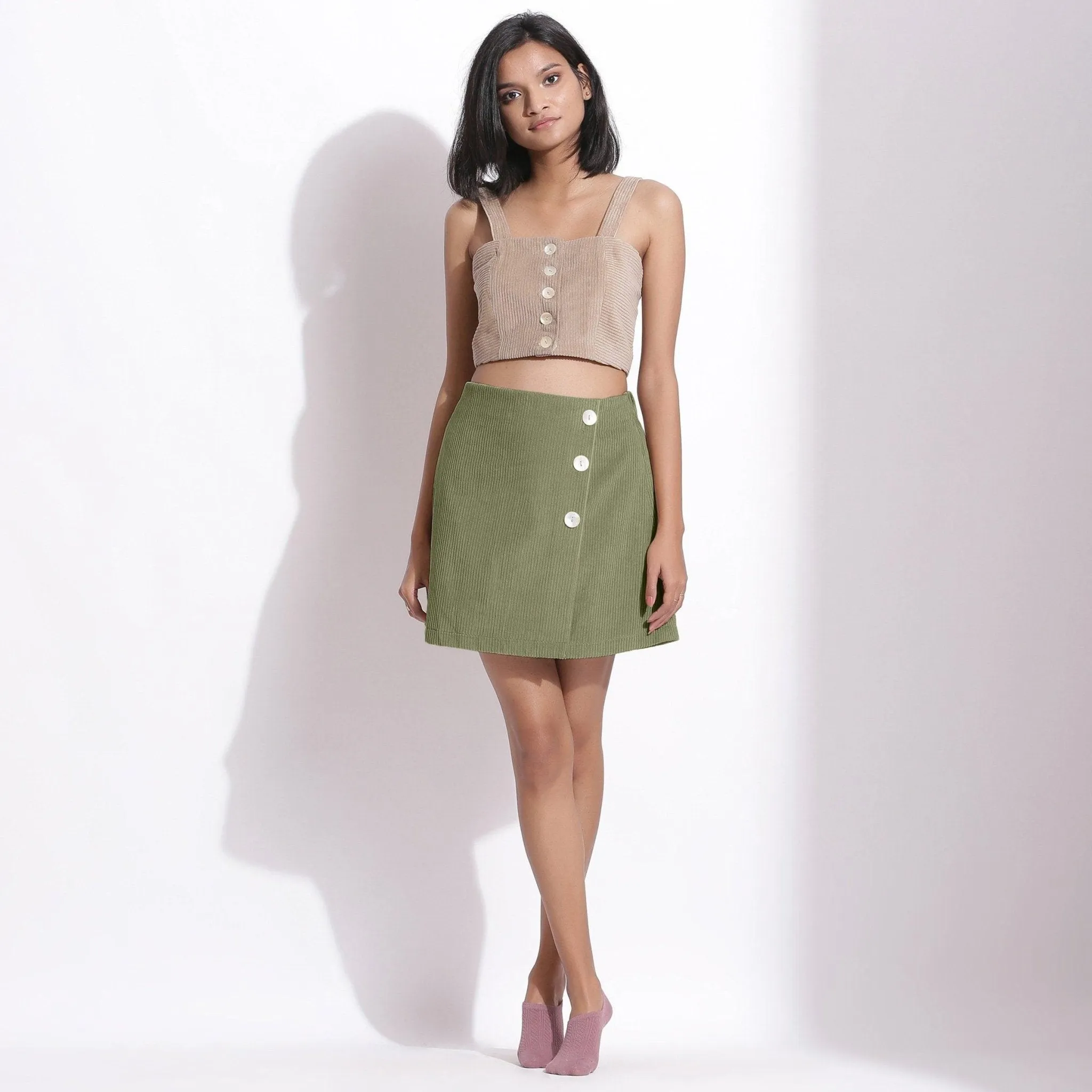 Sage Green Warm Cotton Corduroy Short Overlap Skirt