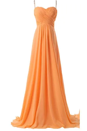 Spaghetti Straps Long Orange Chiffon Beading Prom Dresses PFP1173