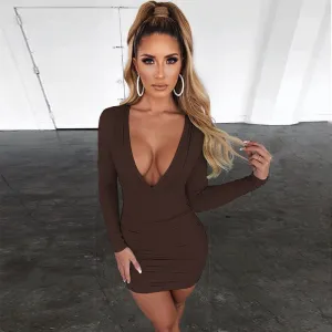 V Neck Long Sleeve  Bodycon Party Night Solid Dress