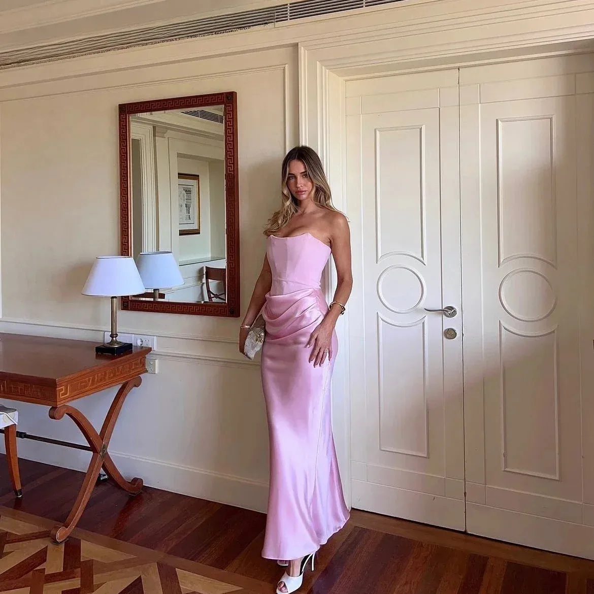 Wenkouban Strapless Women Maxi Evening Dress 2025 Pink Corset Cocktail Dress Elegant Strapless Satin Formal Occasion Party Dresses-nye outfits