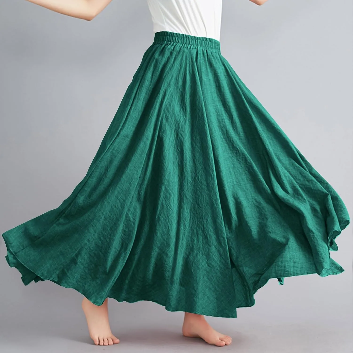Womens Summer Flowy Swing Tiered A-Line Midi Skirt Fashion Trendy Casual Elastic Waist Pleated Long Beach Skirts