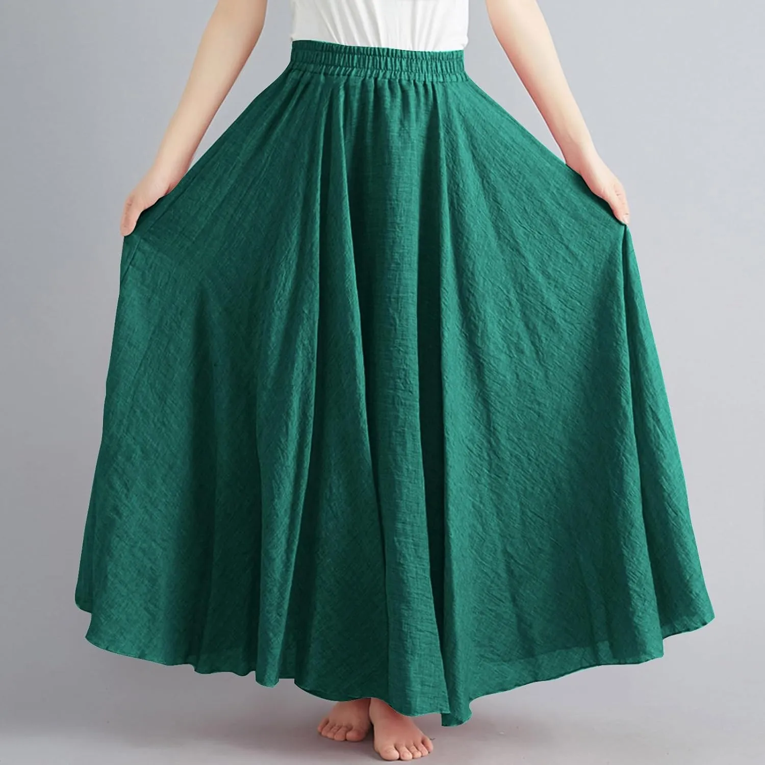 Womens Summer Flowy Swing Tiered A-Line Midi Skirt Fashion Trendy Casual Elastic Waist Pleated Long Beach Skirts