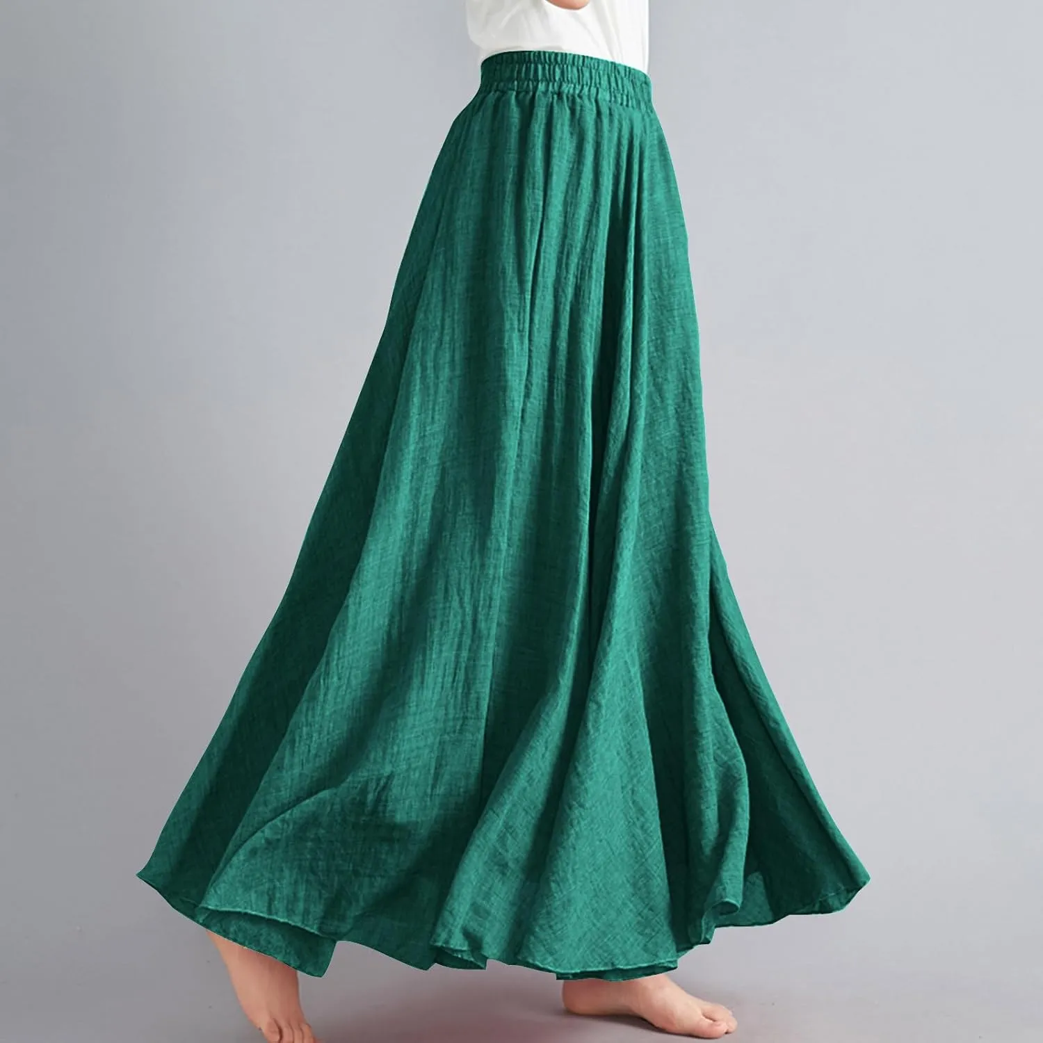 Womens Summer Flowy Swing Tiered A-Line Midi Skirt Fashion Trendy Casual Elastic Waist Pleated Long Beach Skirts